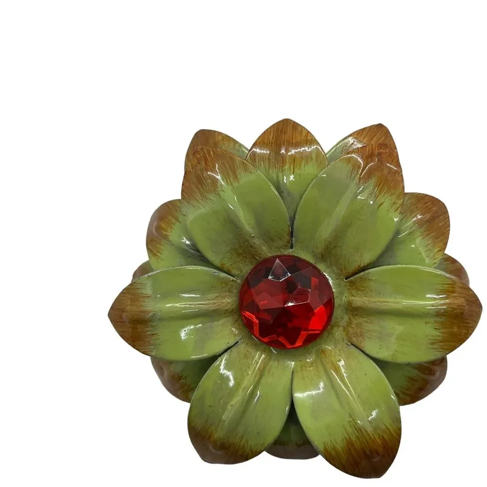 Pier 1 Metal Floral Sunflower Napkin Ring Holders Green w Red Center 3